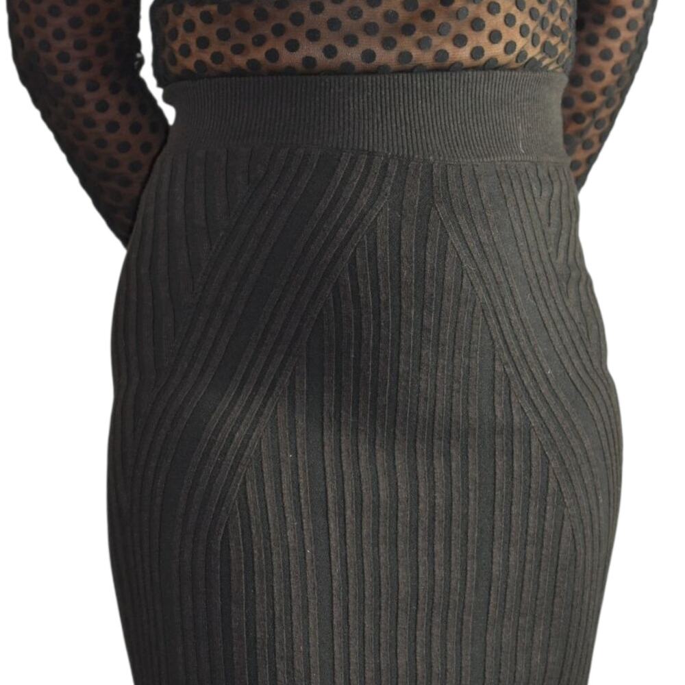 French Connection Knit Skirt Brown Stretch Pencil Midi Rib Texture Knee Length 2